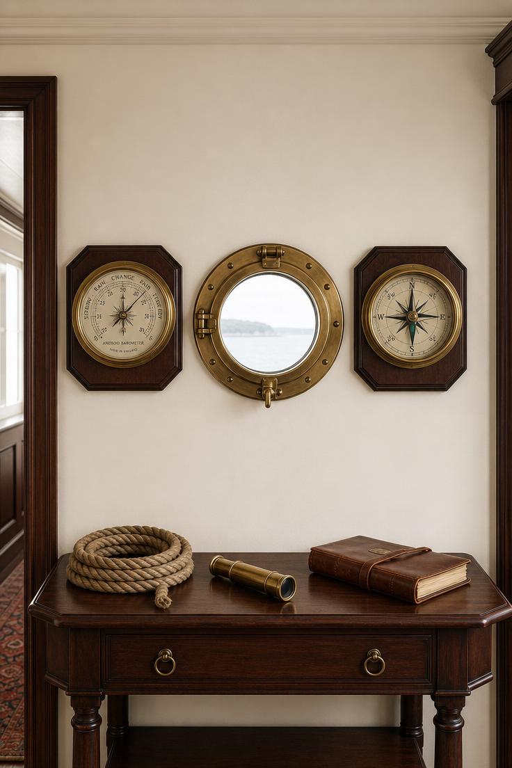 10 Timeless Vintage Wall Decor Ideas for Your Home 8 Brass barometer and compass pair flanking a porthole window on an off-white hallway wall above a dark wood console with nautical accents.
