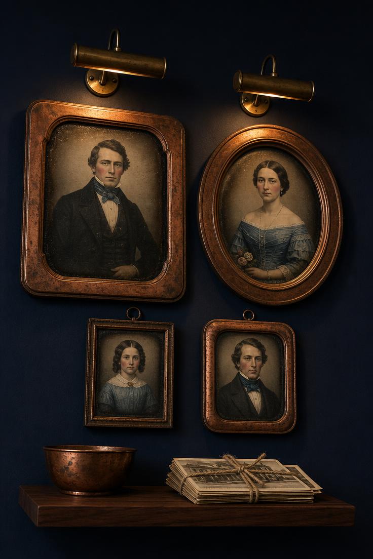 10 Timeless Vintage Wall Decor Ideas for Your Home 9 Four hand-tinted daguerreotype reproductions in mismatched copper frames on a deep navy wall with brass picture lights above.