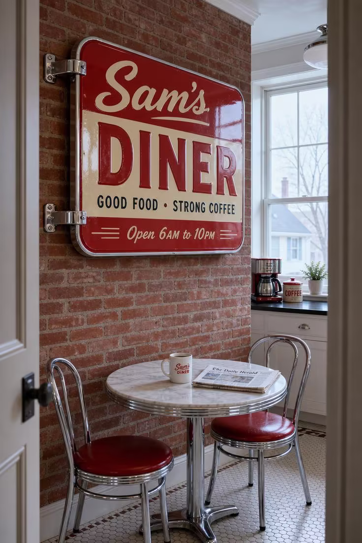 10 Timeless Vintage Wall Decor Ideas for Your Home 10 Retro red and cream enamel diner sign on an exposed brick wall with chrome brackets above a marble bistro table and chrome chairs.