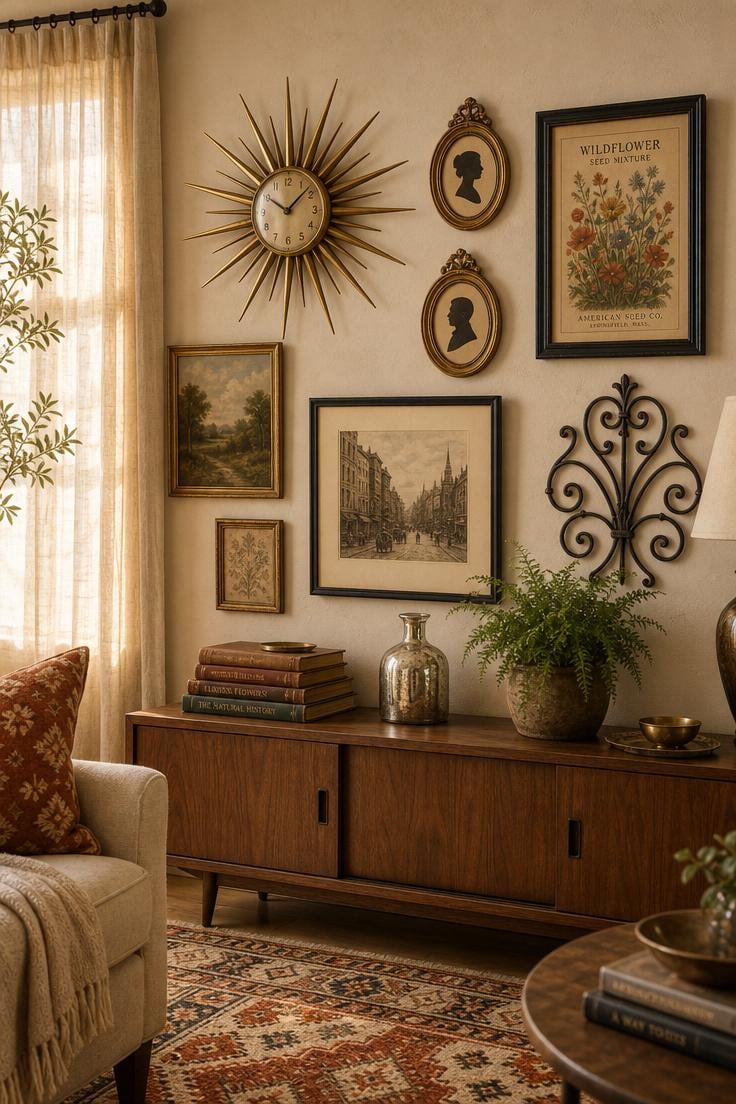 Simple Spaces 15 A collected vintage gallery wall on a cream plaster wall featuring a brass starburst clock, gilded oval frames, a seed packet print, and wrought iron scrollwork, with a walnut credenza and warm afternoon light.