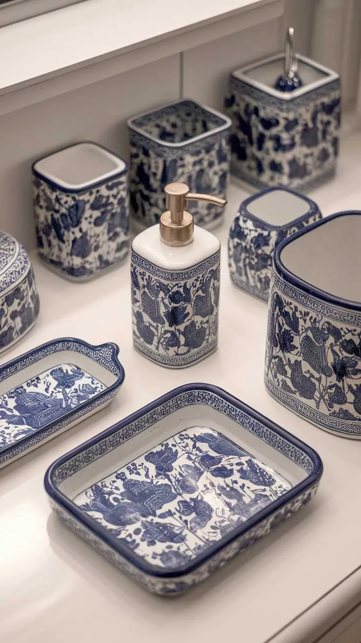 13 Blue and White Bathroom Ideas for a Fresh Look 10 A bathroom featuring blue framed mirrors and white pendant lighting.