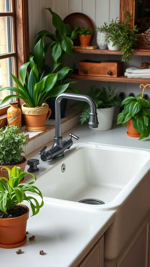 A vintage farmhouse sink surrounded by plants and rustic decor in a cozy kitchen.