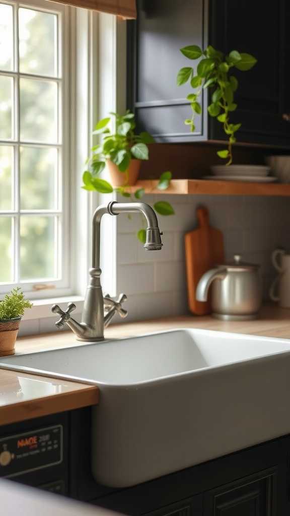 Vintage farmhouse sink and faucet in a moody kitchen setting