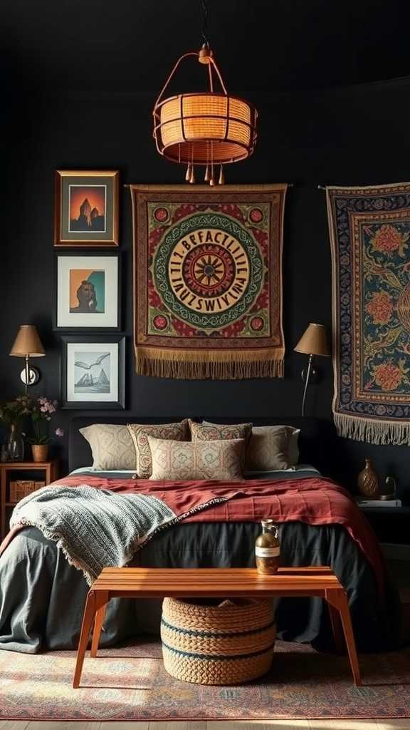 A cozy dark boho styled living area featuring vintage furniture, artwork, and a warm color palette.