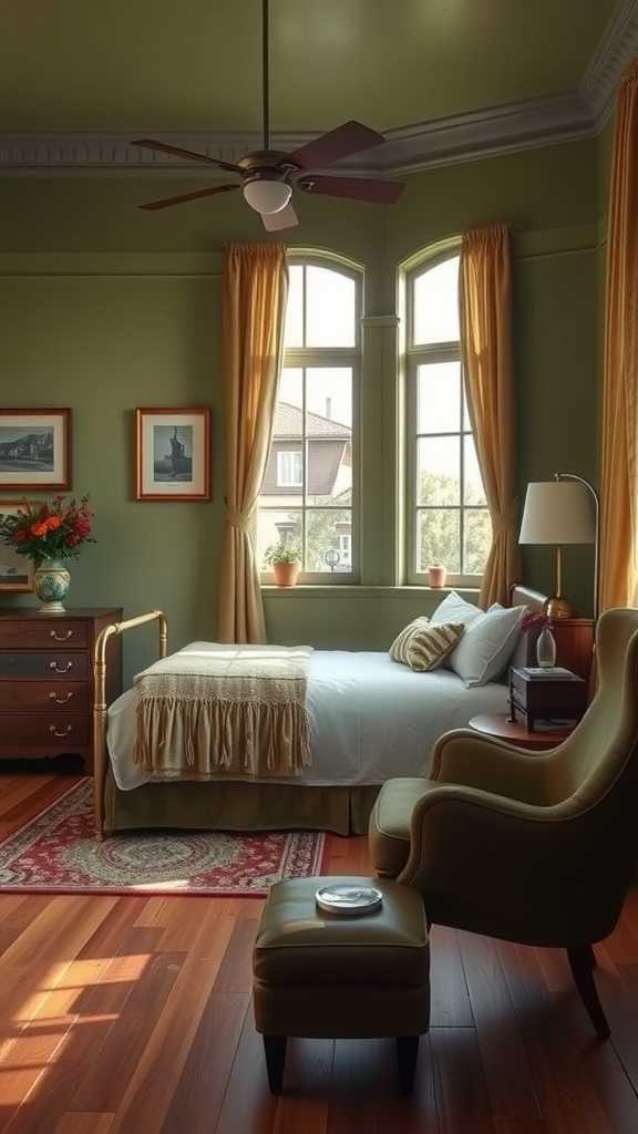 A vintage-styled olive green bedroom with wooden furniture and warm accents.