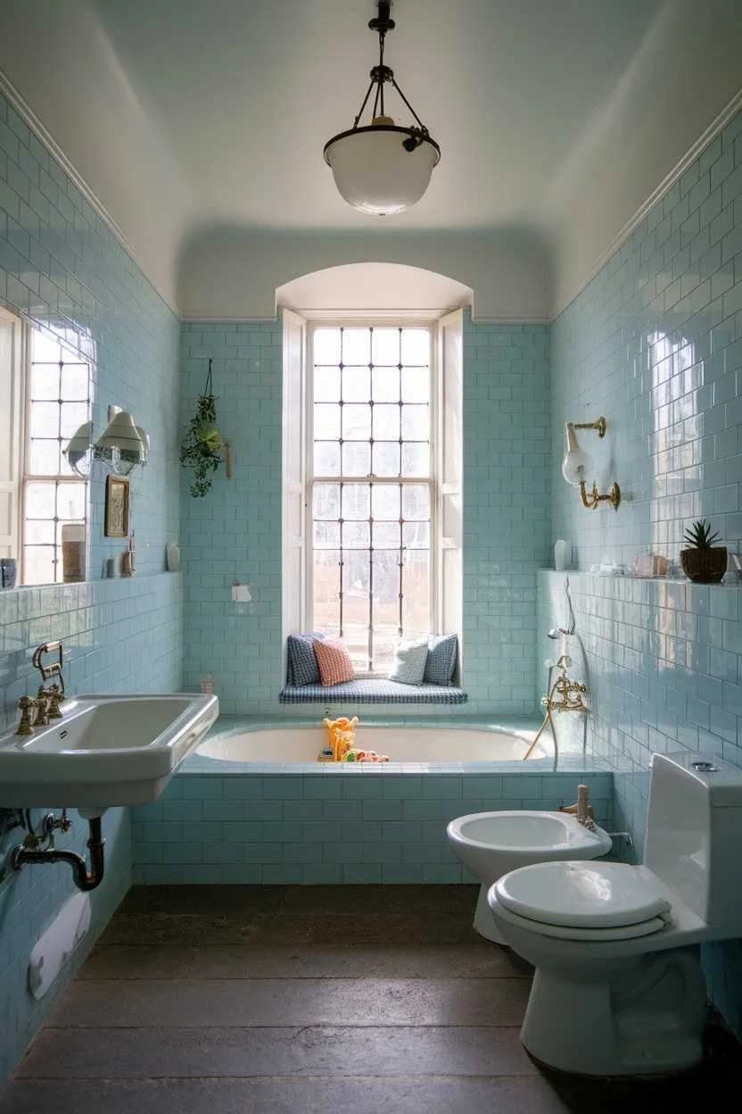 14 Light Blue Bathroom Ideas to Inspire Your Space 4 A bathroom featuring vintage light blue tiles, modern fixtures, and natural light.