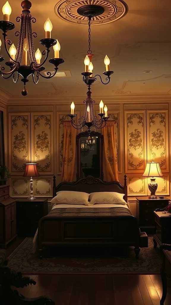 A vintage bedroom with chandeliers and warm lighting