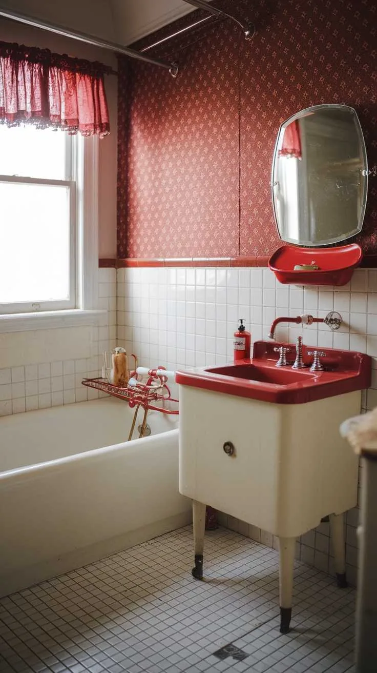 13 Red Bathroom Decor Ideas to Transform Your Space 5 A vintage-style red bathroom featuring red accessories and decor.