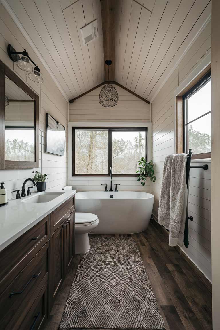 A vinyl plank (LVP) flooring installed in a tiny home bathroom.