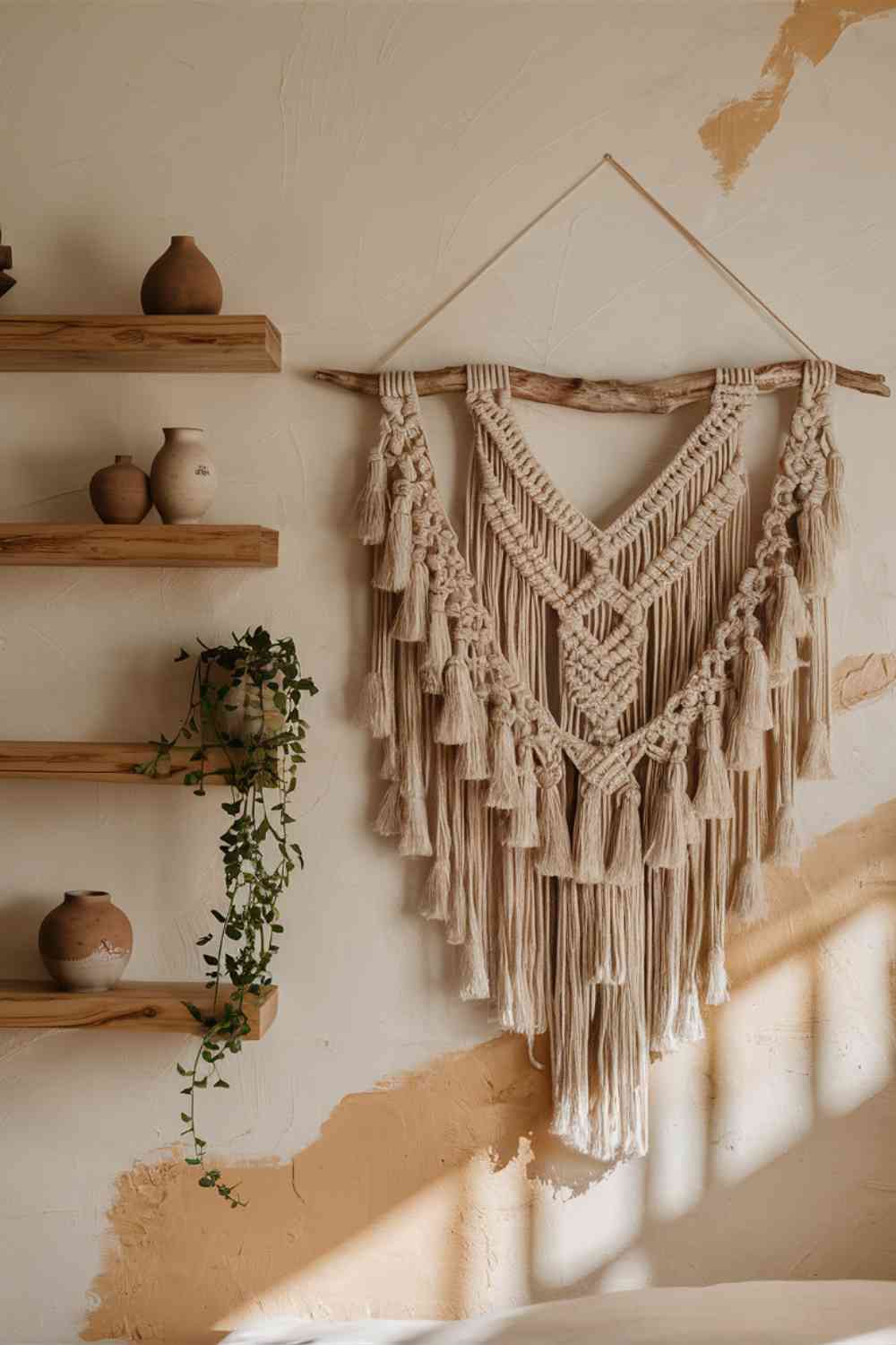 A minimalist boho bedroom wall featuring a large macramé wall hanging in the center. To the left is a simple wooden floating shelf displaying a small collection of ceramic vases in earthy tones. To the right, two woven baskets in different sizes are hung on the wall as decorative elements. The wall is painted in a warm, creamy white color.