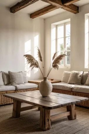 Serene living room with white limewash walls, wooden beams, handcrafted coffee table, earth-toned linen cushions and dried pampas grass.