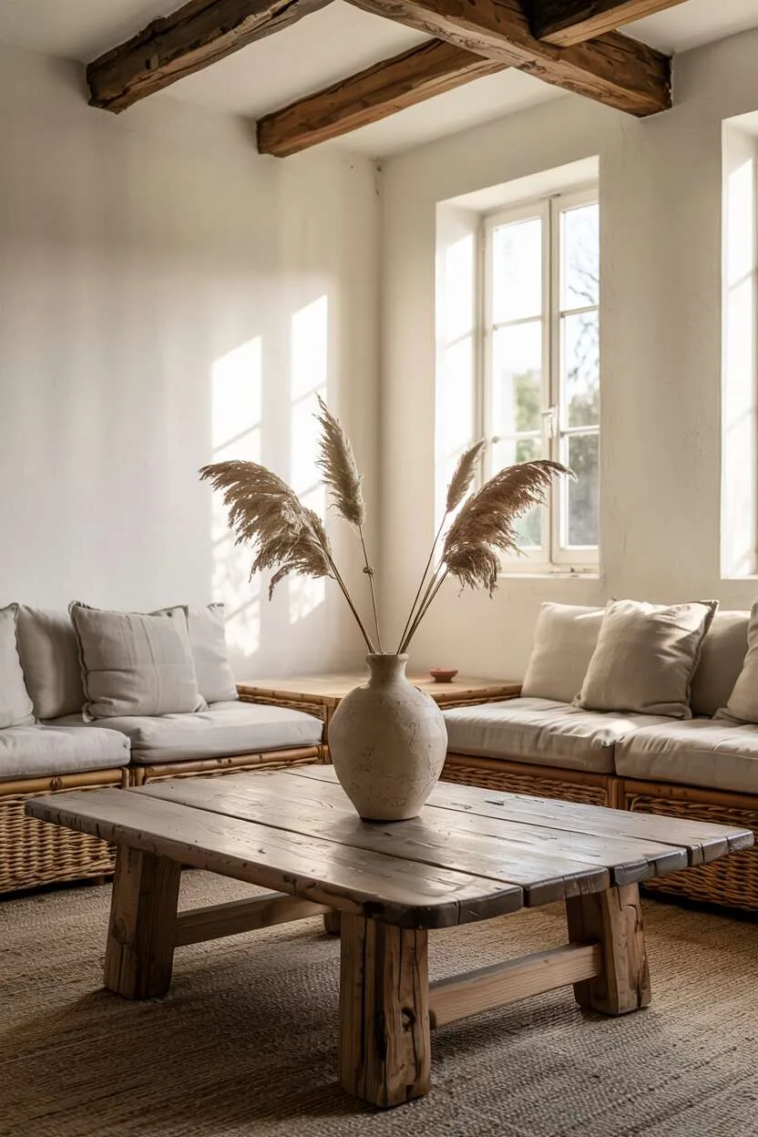 Serene living room with white limewash walls, wooden beams, handcrafted coffee table, earth-toned linen cushions and dried pampas grass.