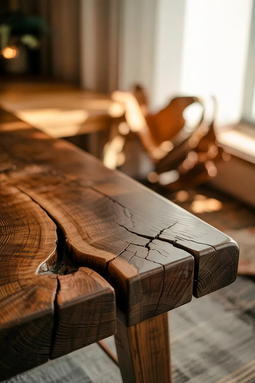 What is Wabi-Sabi Interior Design Style? A Complete Guide 2 Close-up of aged wooden table corner showing resin-sealed cracks, rich patina, and grain patterns in warm afternoon light.