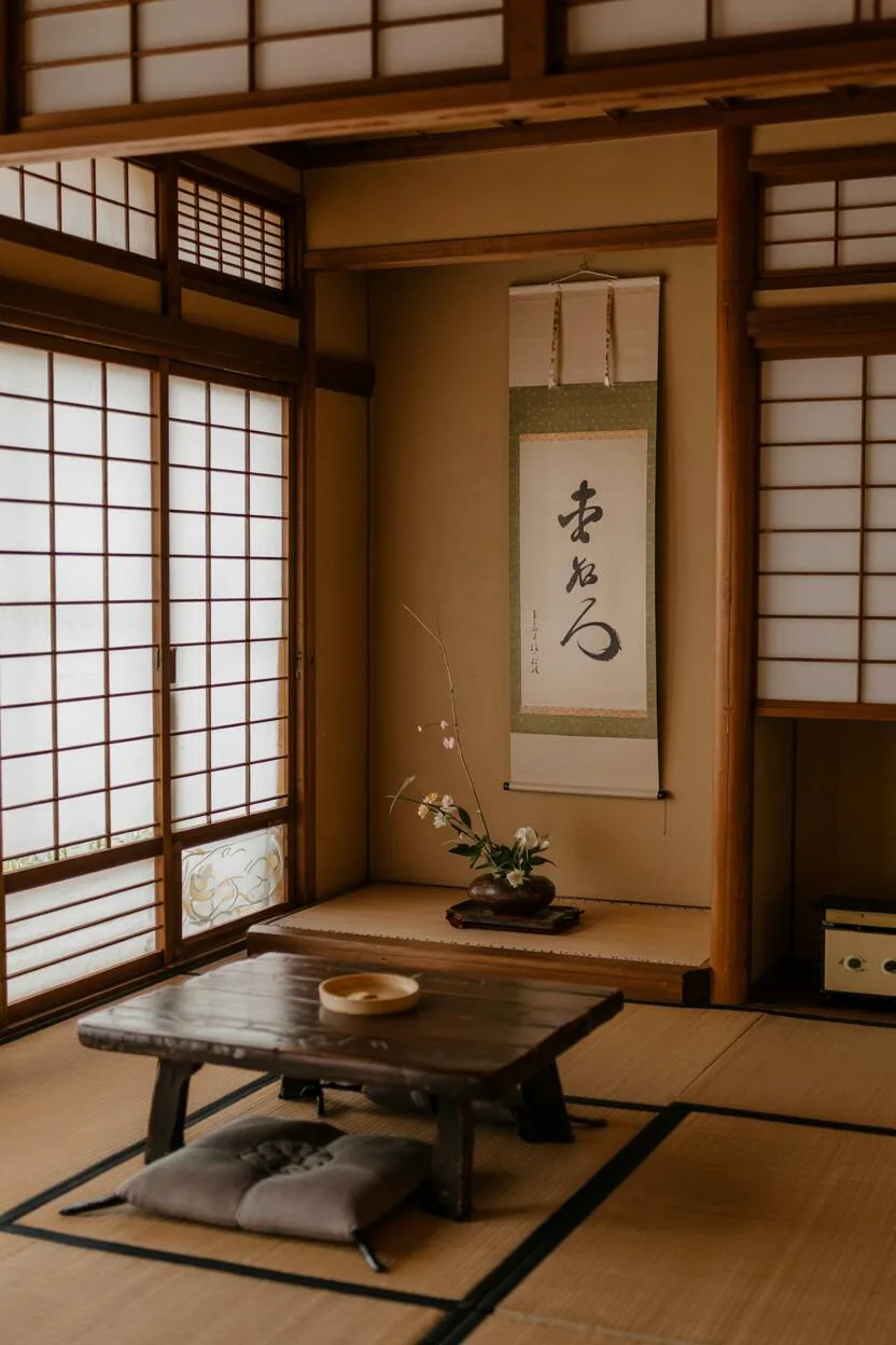 What is Wabi-Sabi Interior Design Style? A Complete Guide 3 Traditional Japanese tea room with tatami floors, shoji screens, wooden beam, and asymmetrical pottery, embodying wabi-sabi.