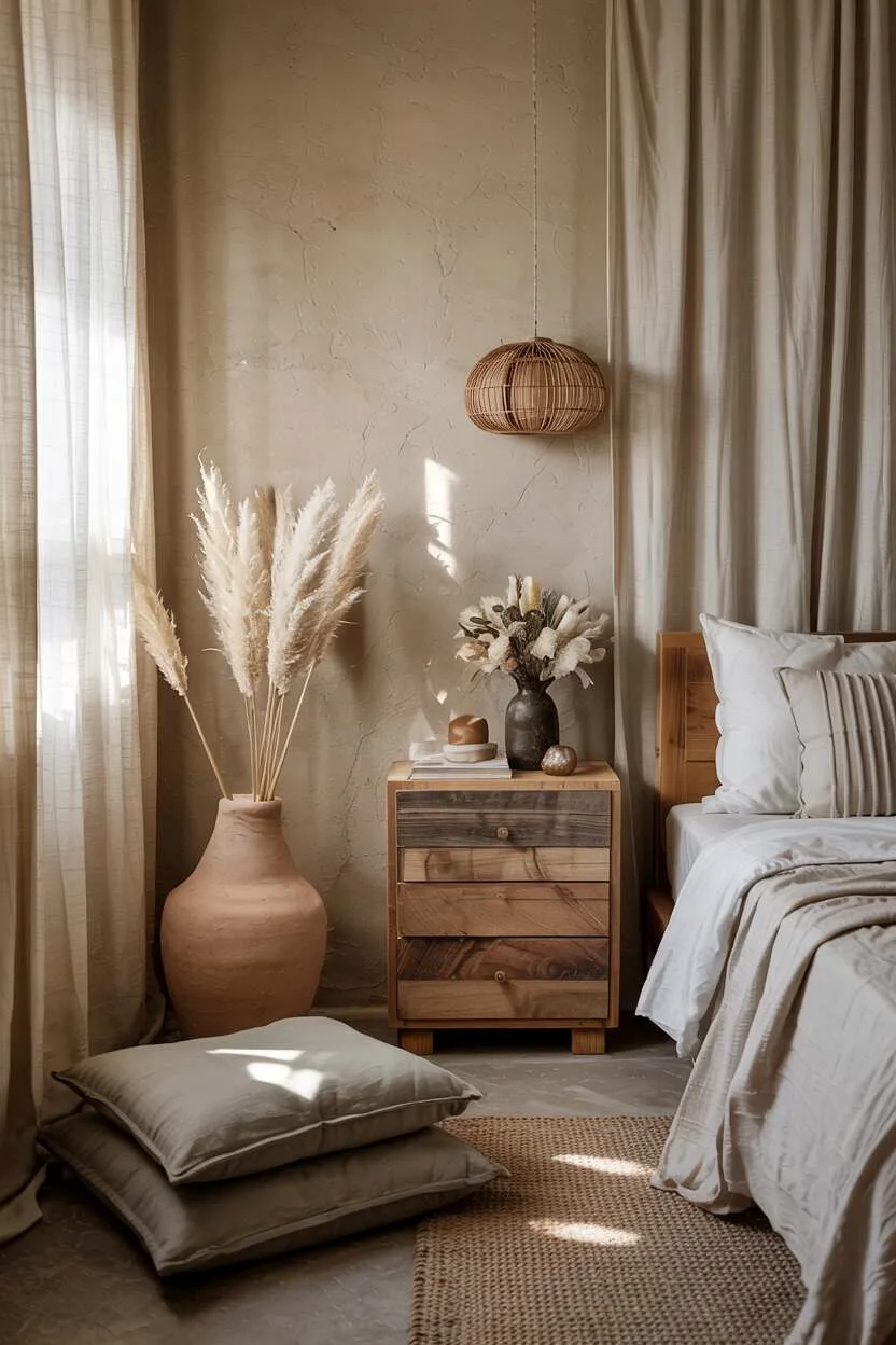 What is Wabi-Sabi Interior Design Style? A Complete Guide 5 Peaceful bedroom corner with clay walls, sage cushions, wooden furniture, white linen curtains, and earthy rust accents.