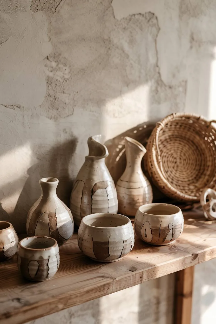 What is Wabi-Sabi Interior Design Style? A Complete Guide 6 Wooden shelf with handcrafted pottery collection—asymmetrical bowls, finger-marked vases, imperfect cups, and handwoven basket.