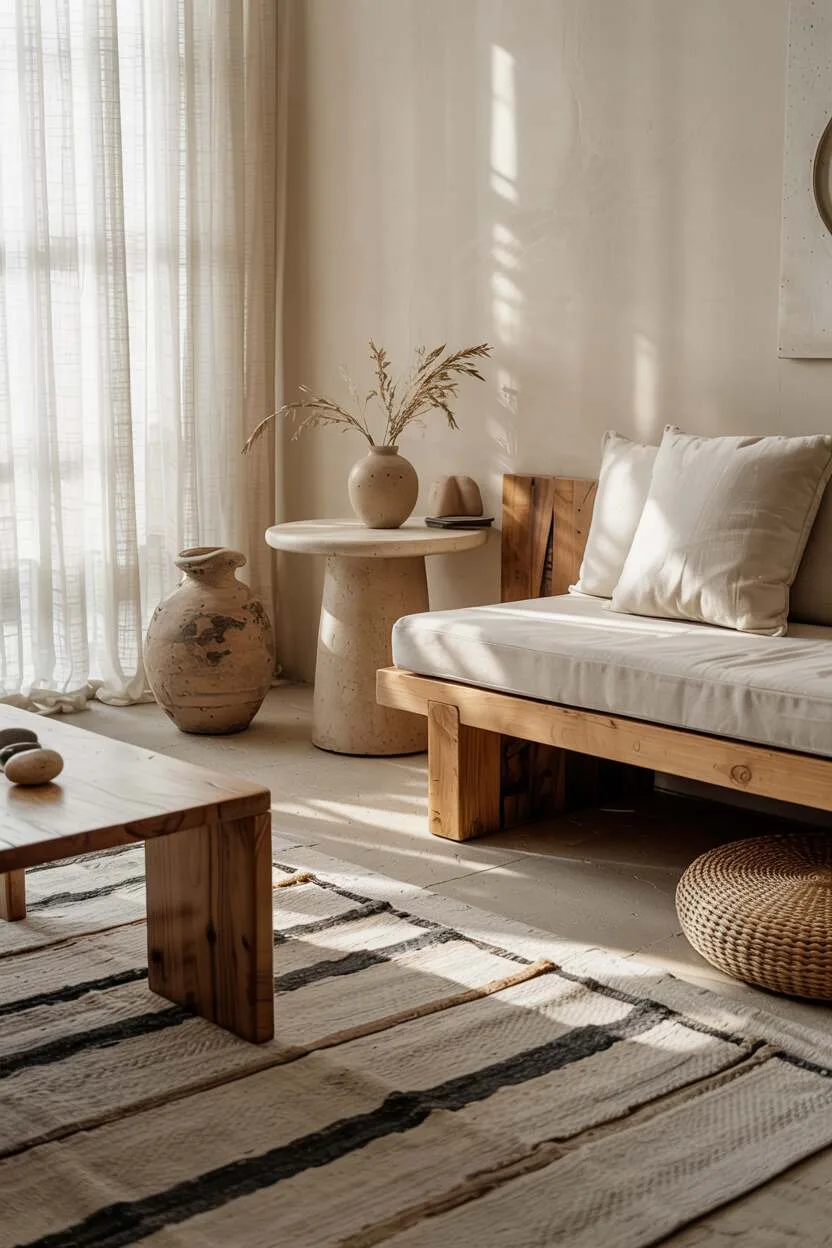 What is Wabi-Sabi Interior Design Style? A Complete Guide 7 Minimal living space featuring reclaimed wood furniture, ceramic vessel, stones, handwoven rug, and natural light through linen curtains.