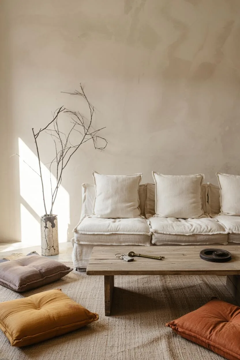 What is Wabi-Sabi Interior Design Style? A Complete Guide 8 Cozy living room with linen sofa, reclaimed wood table, floor cushions, dried branches in cracked vase, and textured walls.