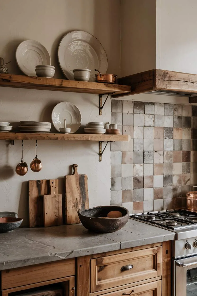 What is Wabi-Sabi Interior Design Style? A Complete Guide 9 Rustic kitchen with reclaimed wood shelving, handmade ceramics, stone countertop, patina-rich copper pots, and worn wooden cutting boards.
