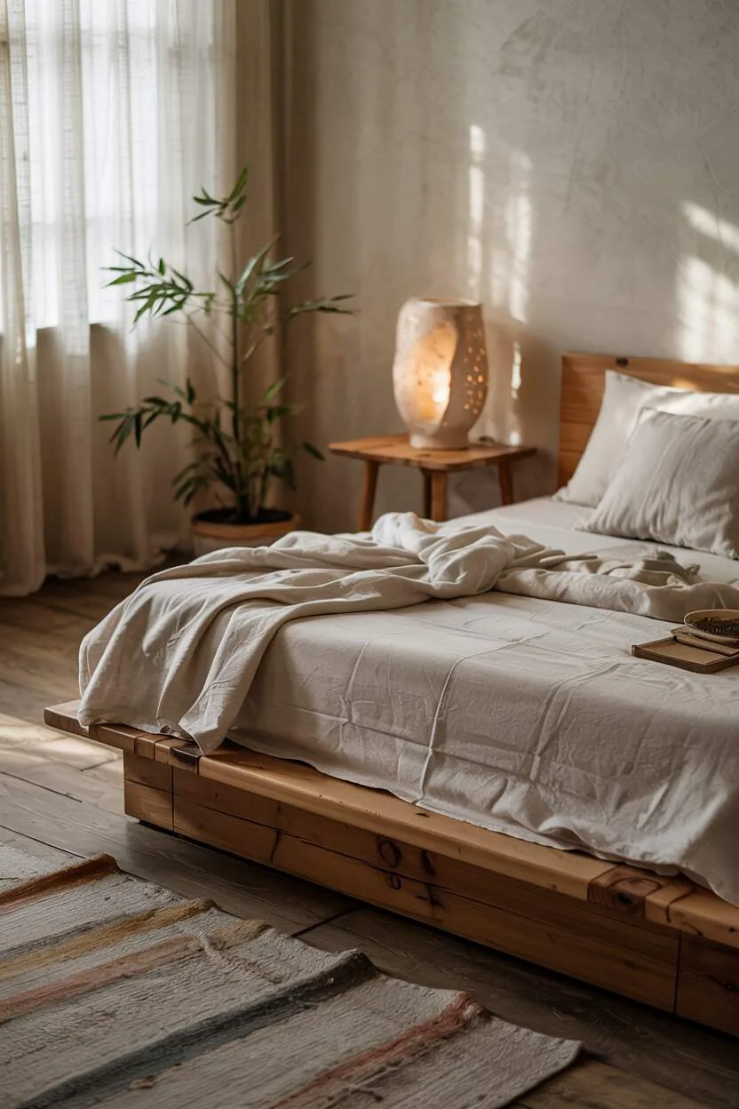 What is Wabi-Sabi Interior Design Style? A Complete Guide 10 Peaceful bedroom with wooden platform bed, natural linen bedding, reclaimed wood side table, handwoven rug, and filtered natural light.