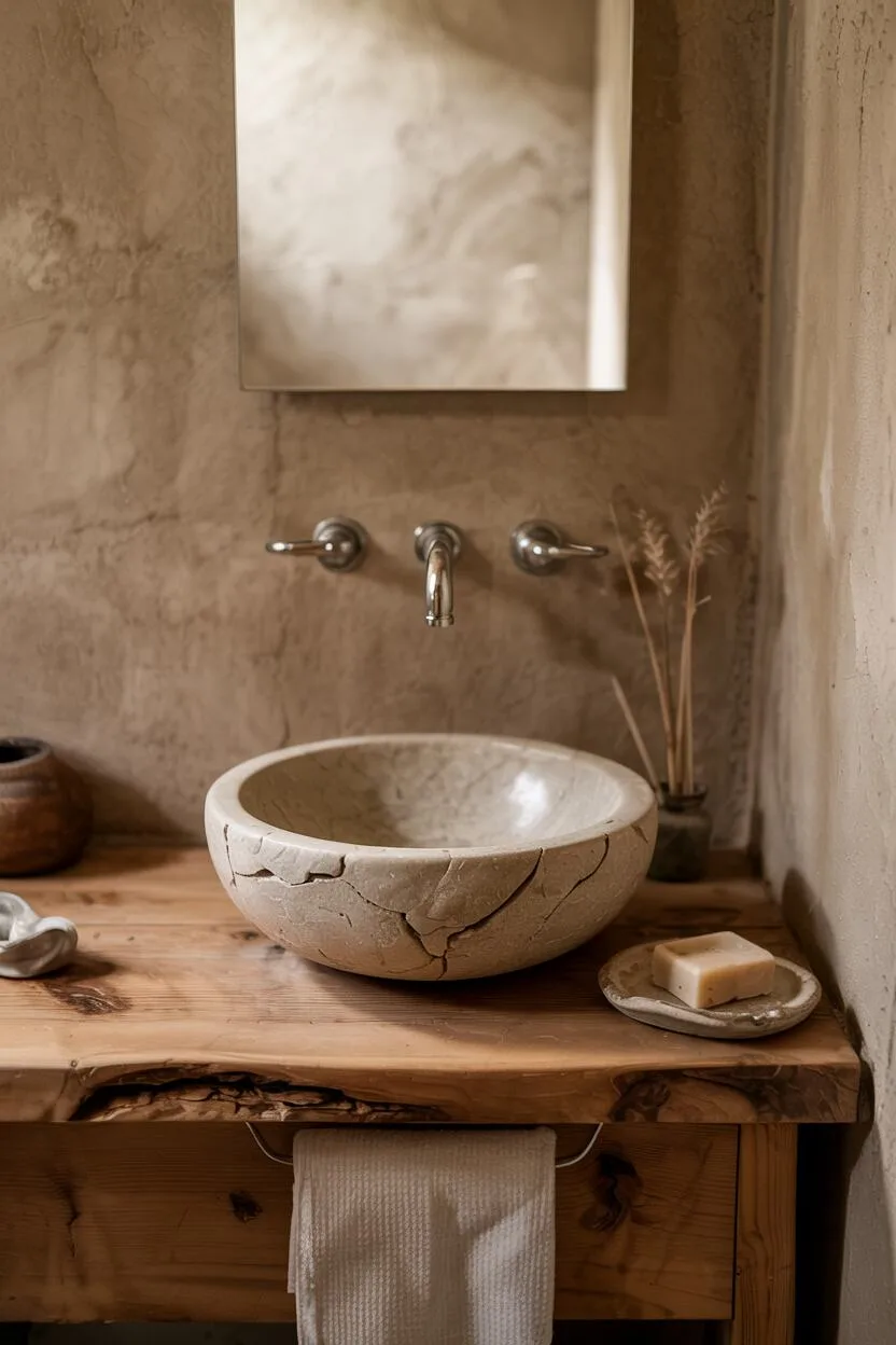 What is Wabi-Sabi Interior Design Style? A Complete Guide 11 Serene bathroom featuring stone basin, aged wooden vanity, clay walls, natural stone flooring, bamboo accessories, and soft lighting.