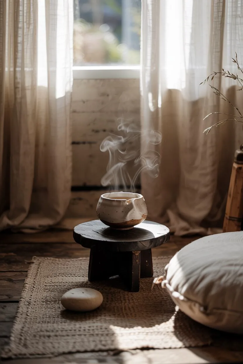 What is Wabi-Sabi Interior Design Style? A Complete Guide 12 Morning meditation corner with linen curtains, weathered floor, cushion, low table, steaming ceramic tea bowl, and smooth stone.