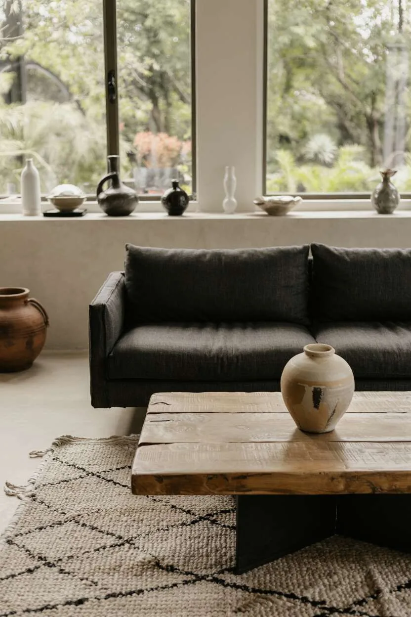 What is Wabi-Sabi Interior Design Style? A Complete Guide 13 Contemporary living room blending modern furniture with reclaimed wood coffee table, ceramics, hand-knotted rug, and abundant light.