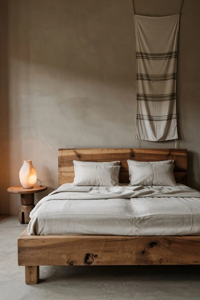 What is Wabi-Sabi Interior Design Style? A Complete Guide 14 Minimal bedroom with reclaimed wood platform bed, white linens, ceramic lamp, clay walls, worn flooring, and handwoven wall textile.