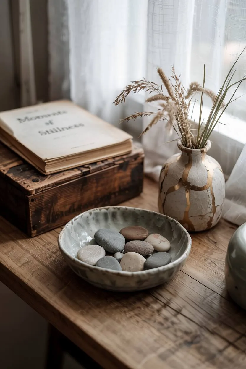 What is Wabi-Sabi Interior Design Style? A Complete Guide 16 Wooden shelf vignette with imperfect ceramic bowl, river stones, cracked repaired vase, patina-rich box, vintage book, and handmade candle.
