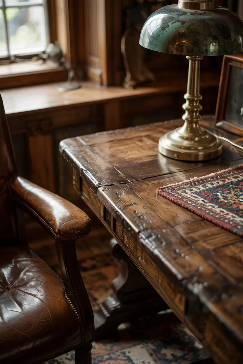 What is Wabi-Sabi Interior Design Style? A Complete Guide 18 Close-up of aged furniture showing wood patina, polished leather, verdigris copper hardware, and gently faded wool rug in afternoon light.