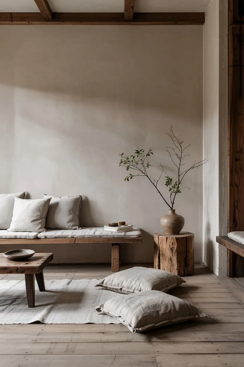What is Wabi-Sabi Interior Design Style? A Complete Guide 19 Minimal living area with wooden bench, linen floor cushions, weathered side table, ceramic bowl, clay walls, and filtered light.