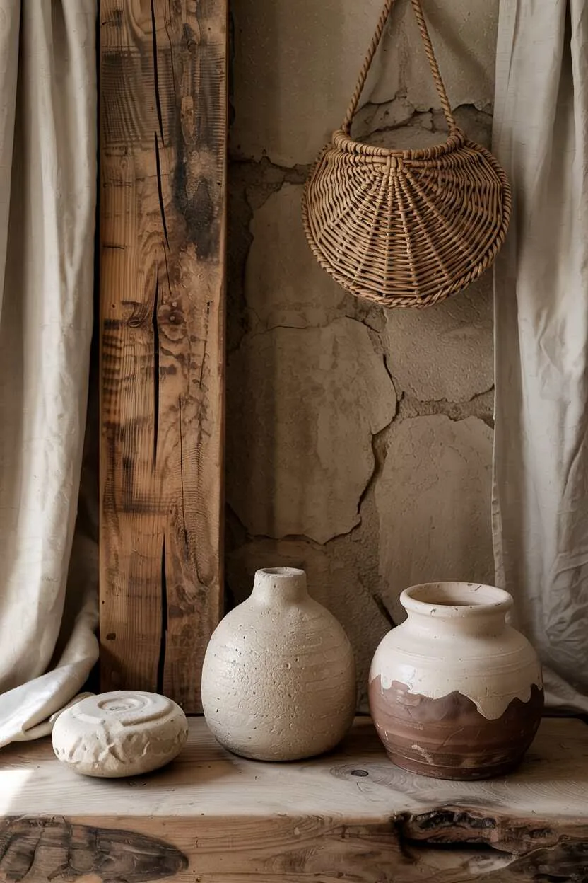 What is Wabi-Sabi Interior Design Style? A Complete Guide 20 Textural corner composition with clay walls, weathered beams, woven basket, linen curtains, stone objects, and ceramic vessel.