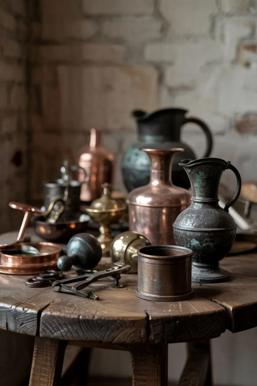 What is Wabi-Sabi Interior Design Style? A Complete Guide 22 Composition of aged materials including patina-rich wooden table, verdigris copper, waxed iron hardware, and oxidized bronze objects.