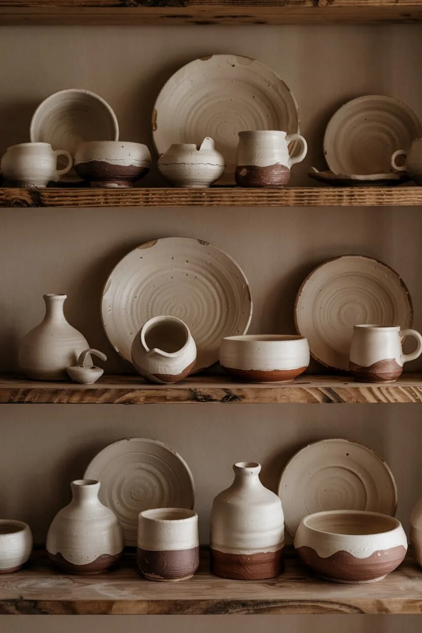 What is Wabi-Sabi Interior Design Style? A Complete Guide 23 Collection of handcrafted ceramics showing finger impressions, asymmetrical forms, uneven edges, varied glazes, and exposed clay bodies.