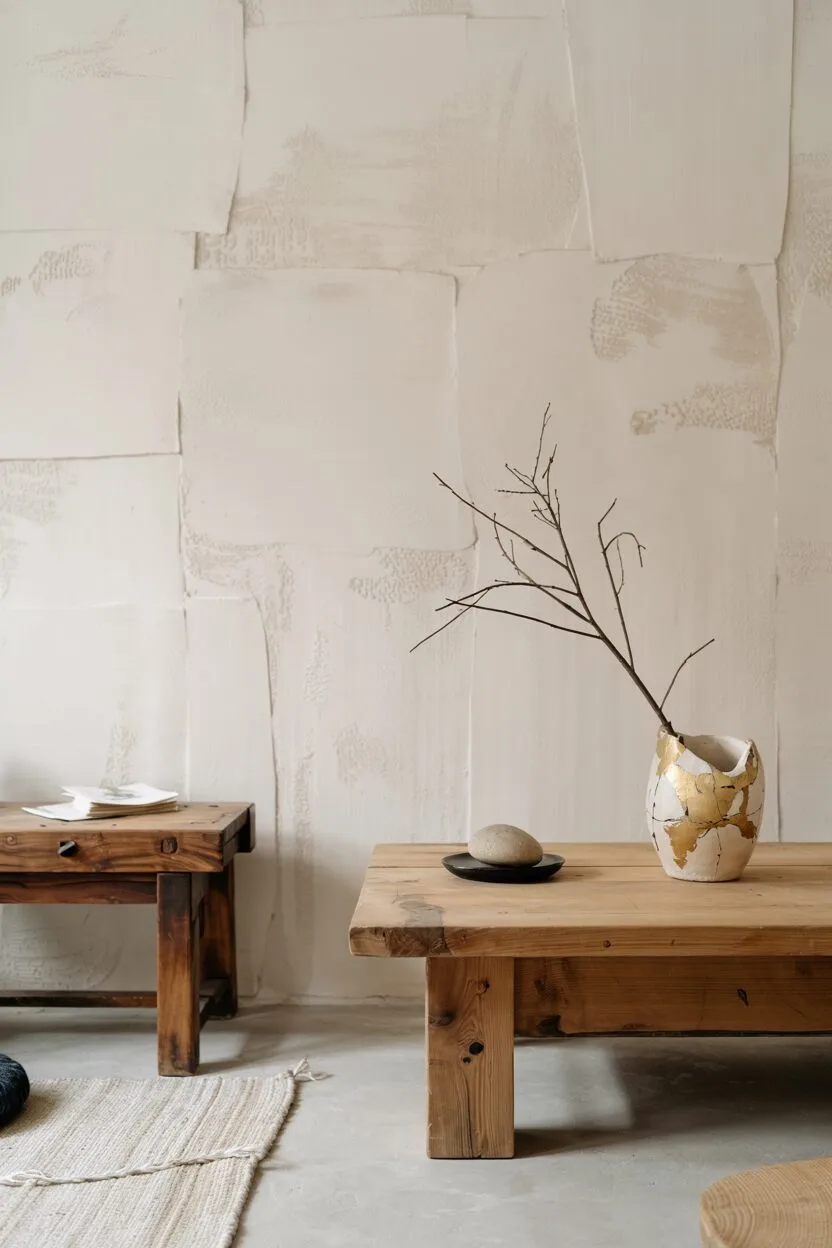 What is Wabi-Sabi Interior Design Style? A Complete Guide 24 Minimal space with reclaimed wood table, floor cushion, ikebana arrangement in kintsugi-repaired vessel, against textured clay wall.