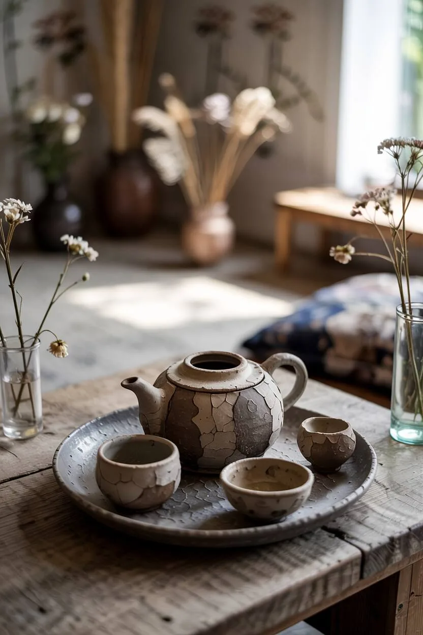 What is Wabi-Sabi Interior Design Style? A Complete Guide 1 Wabi-sabi living room with weathered ceramic tea set, concrete floor, peeling wallpaper, dried wildflowers, and indigo-dyed cushion.