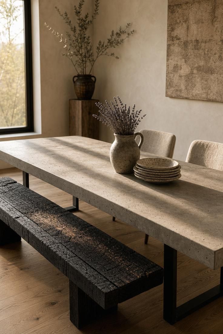 13 Earthy Wabi Sabi Dining Area Ideas That Feel Like Home 1 A charred cedar bench and rough concrete dining table in a wabi sabi dining room with warm golden light and dried lavender in a stoneware pitcher.