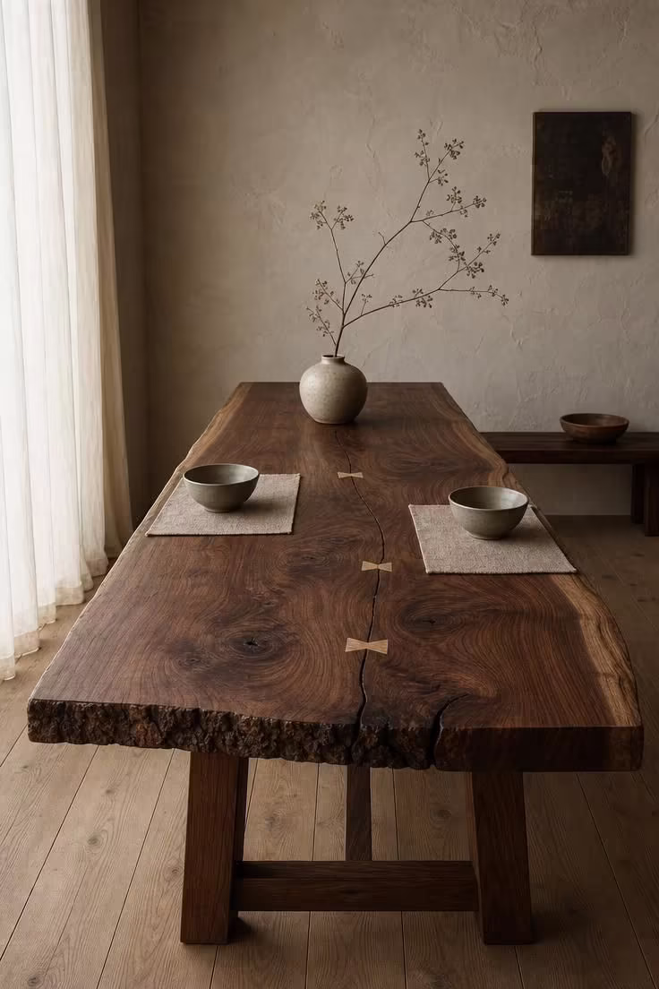 A live edge walnut slab dining table with butterfly key joints in a softly lit wabi sabi dining room.