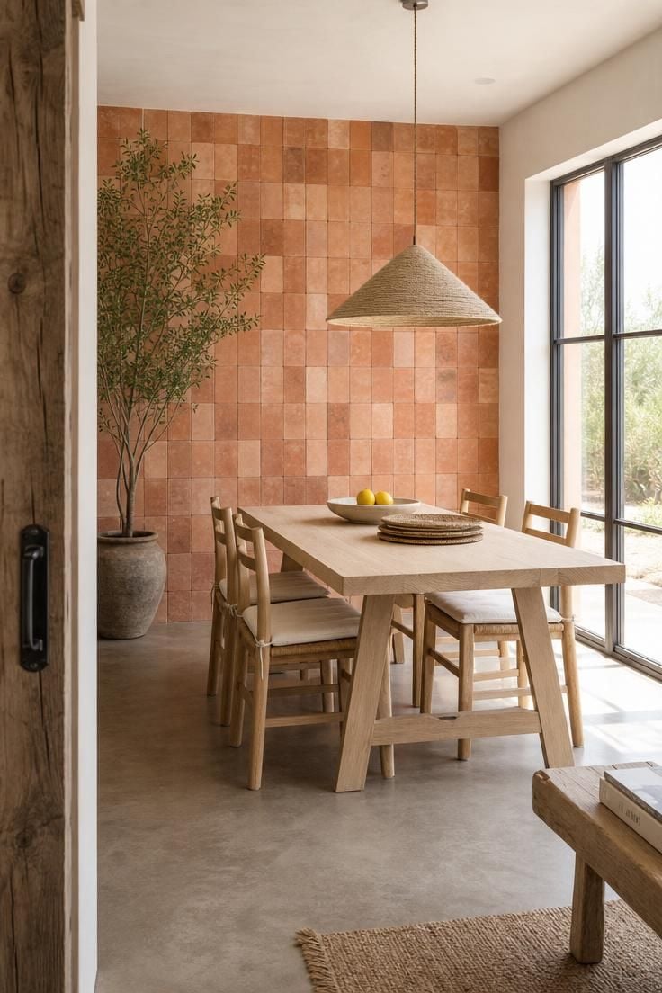 13 Earthy Wabi Sabi Dining Area Ideas That Feel Like Home 2 An unglazed terracotta tile accent wall in salmon and sienna tones behind a pale oak dining table in a bright wabi sabi dining room.