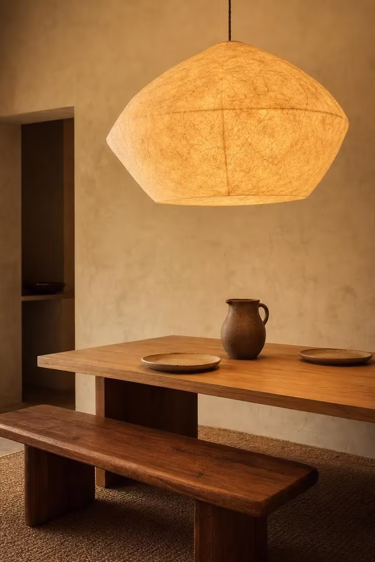 A washi paper pendant lantern glowing with warm light above a low cedar bench in a Japanese dining room.