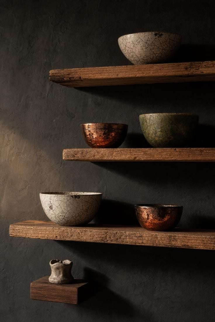 13 Earthy Wabi Sabi Dining Area Ideas That Feel Like Home 3 A collection of cracked raku-fired bowls in ash white, copper, and moss green on rough-hewn pine floating shelves against a charcoal plaster wall.