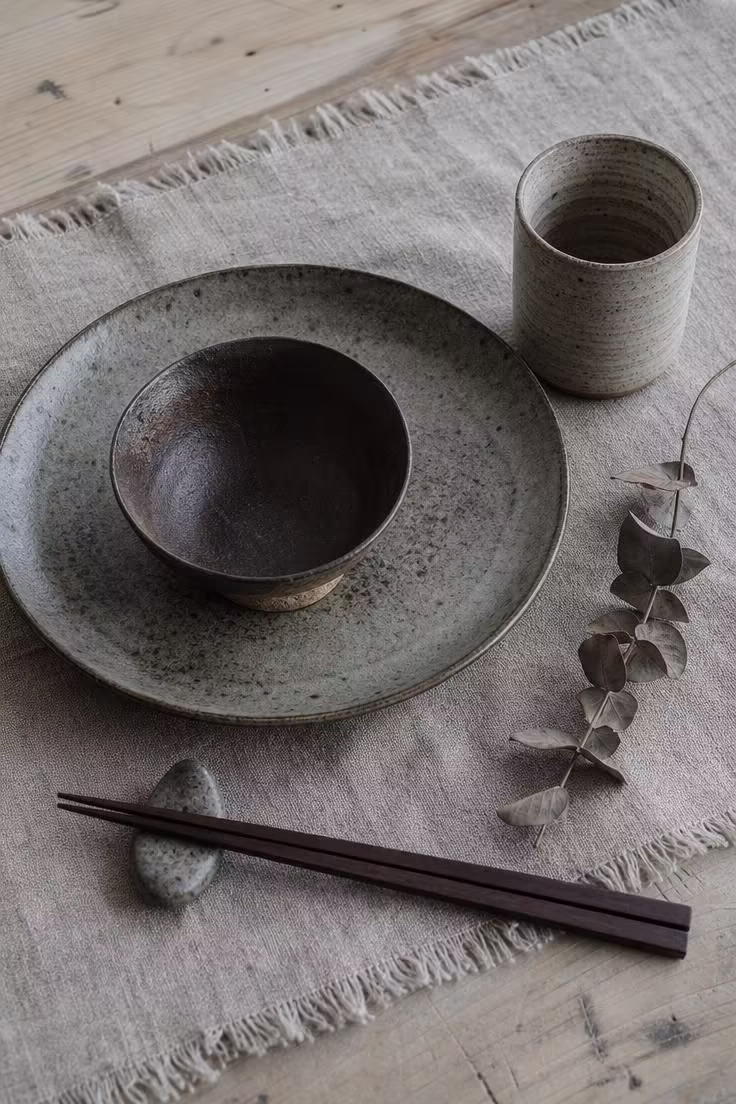An overhead view of hand-thrown stoneware dishes on a raw linen table runner in a minimalist dining room setting.