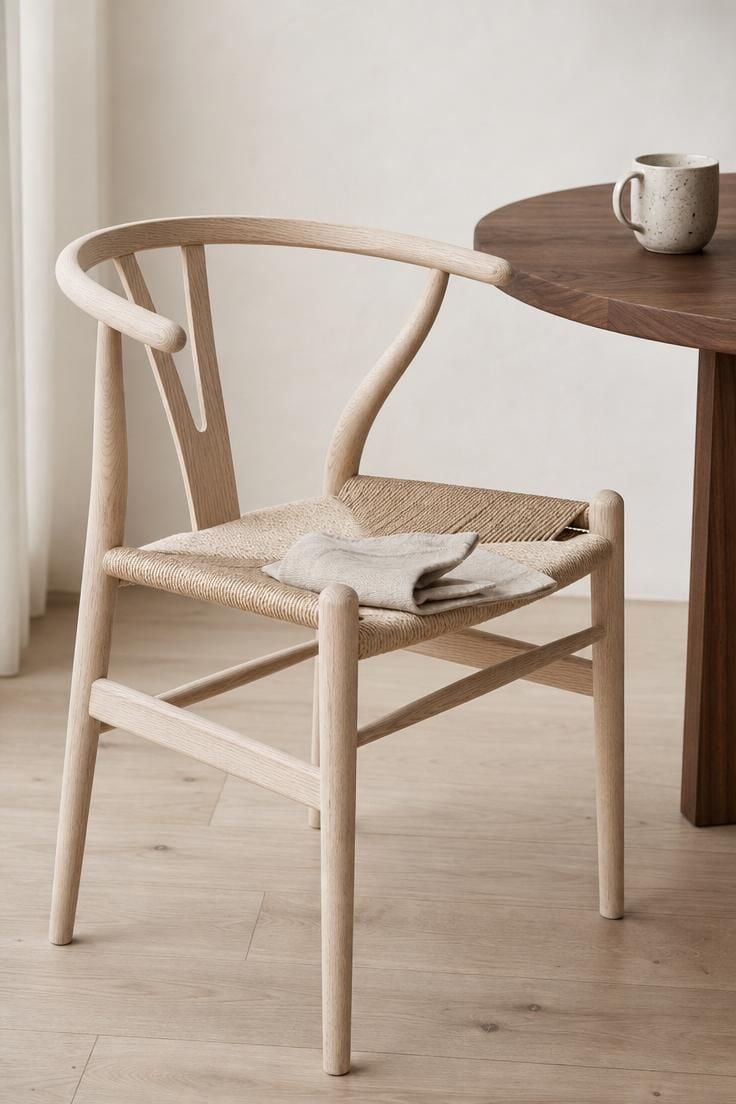 13 Earthy Wabi Sabi Dining Area Ideas That Feel Like Home 4 A pale ash dining chair with hand-woven paper cord seat beside a round walnut table in a soft, naturally lit wabi sabi dining space.