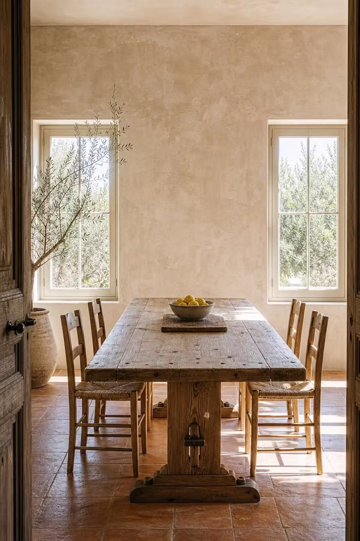 A farmhouse trestle table against lime-washed raw plaster walls in a bright wabi sabi dining room.