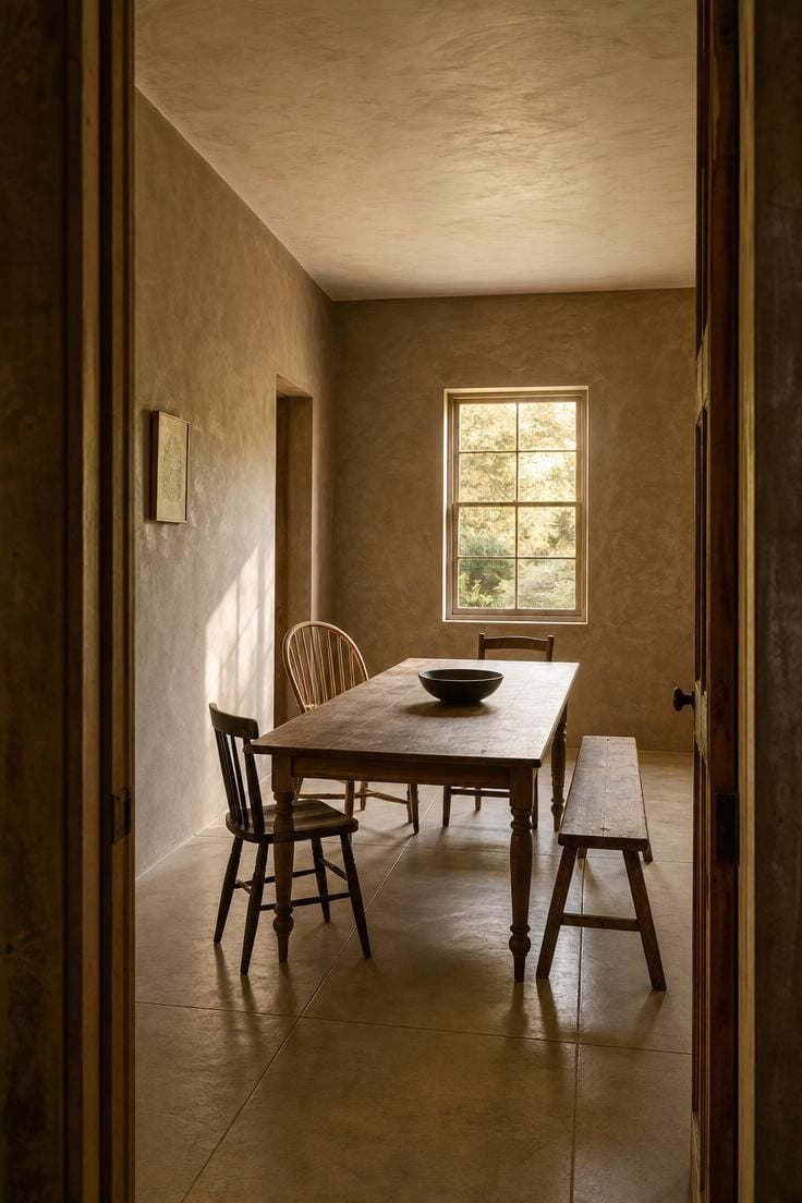 13 Earthy Wabi Sabi Dining Area Ideas That Feel Like Home 5 A wabi sabi dining room with Roman clay walls in warm mushroom, seen through a doorway with golden light catching the trowel-marked plaster texture.