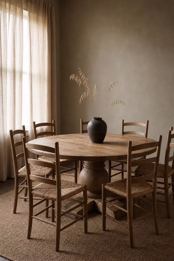 Rush-seat ladderback chairs around a raw oak pedestal table in a wabi sabi dining room with soft natural light.