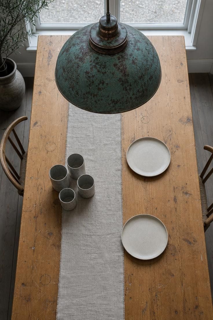 13 Earthy Wabi Sabi Dining Area Ideas That Feel Like Home 6 An overhead view of a scratched pine dining table with an oxidized copper pendant lamp above and an oatmeal linen table runner with ceramic tumblers.