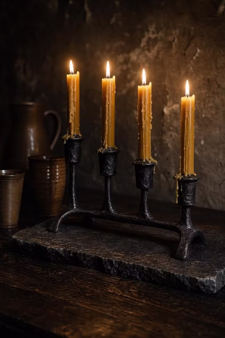 A hand-forged iron candelabra with beeswax tapers on a slate slab in a moody wabi sabi dining room.