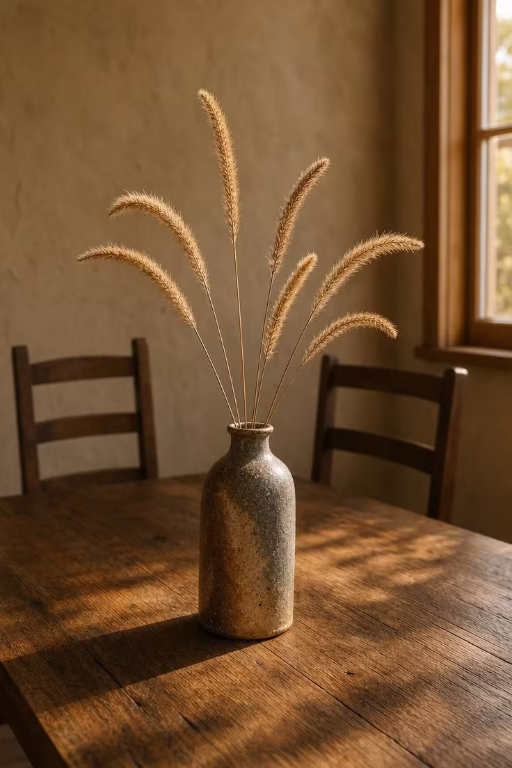 Dried foxtail grass in a salt-glazed ceramic bottle as a centerpiece on a natural wood wabi sabi dining room table.