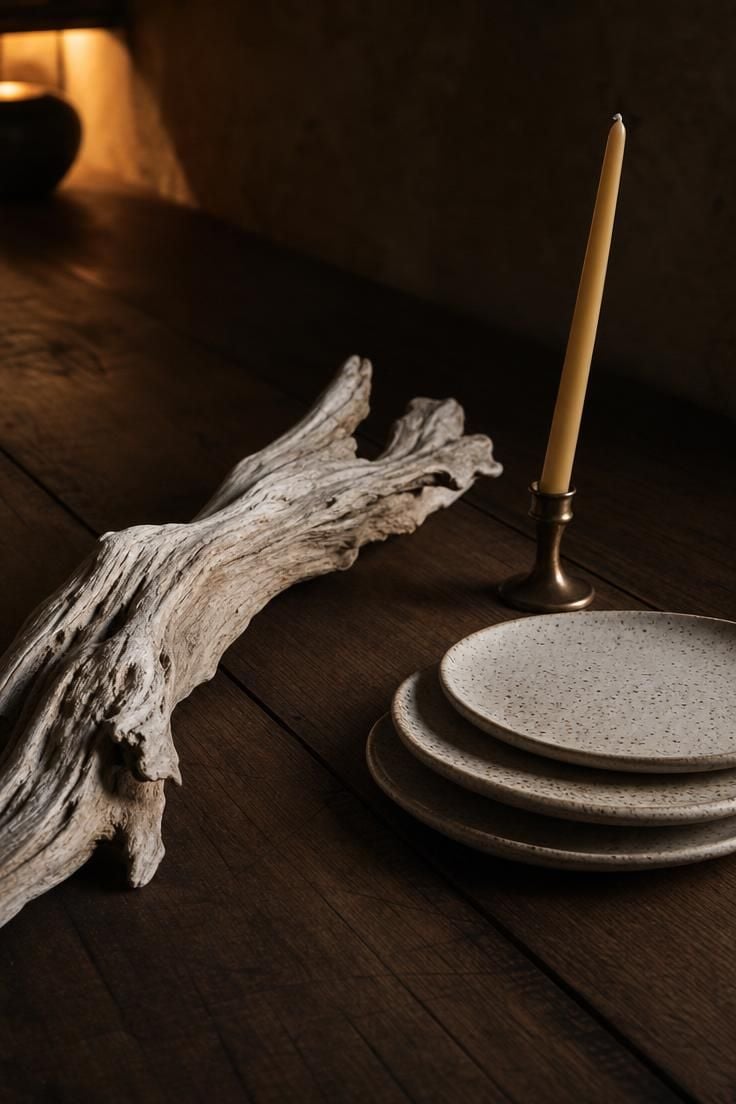 13 Earthy Wabi Sabi Dining Area Ideas That Feel Like Home 8 A sun-bleached driftwood centerpiece on a dark stained maple table with stacked stoneware plates and a bronze taper holder in moody low light.